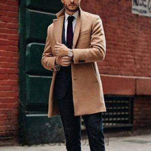 Men Coat Fashion Mens Khaki Baggy Long Trench Coat